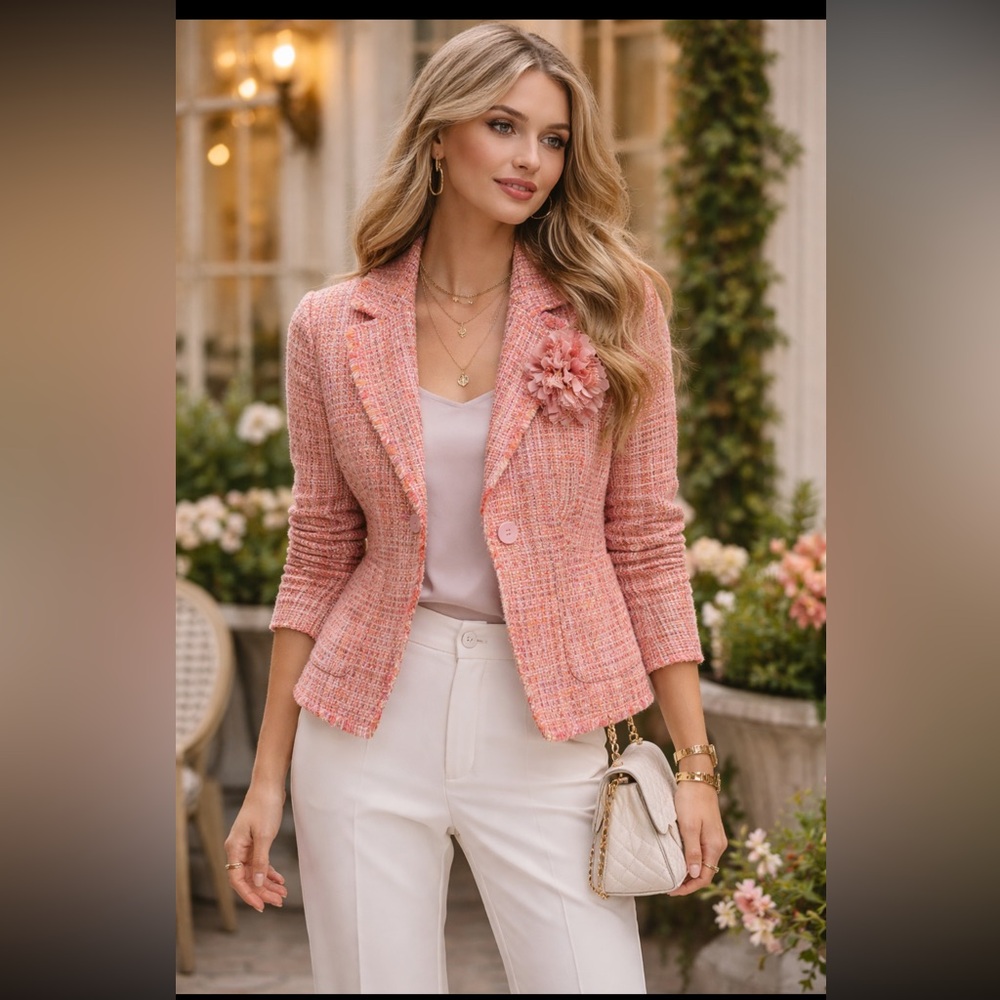 Chadwicks Pink Tweed Boucle Lady Blazer Floral Accent Legally Blonde Office